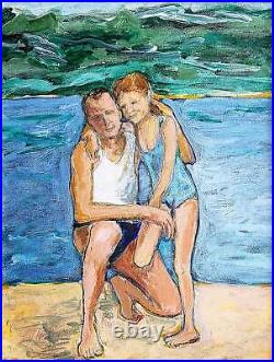 Vintage Original Folk Art Painting Father Daughter Hugging On Beach Seascape