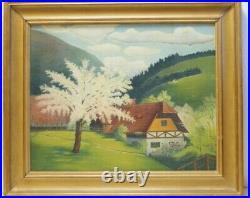 Vintage Original German Folk Art Oil Painting. A Bavarian Countryside 1944
