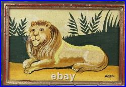 Vintage Original Naive Folk Art Reclining LION Painting on Board Signed EDEN