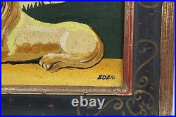 Vintage Original Naive Folk Art Reclining LION Painting on Board Signed EDEN