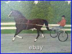 Vintage Original Oil Painting Harness Racing Horse Jockey Rider Racetrack Signed