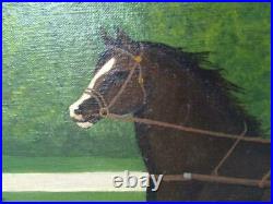 Vintage Original Oil Painting Harness Racing Horse Jockey Rider Racetrack Signed