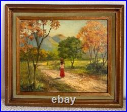 Vintage Original Oil on Canvas Painting Folk Art Landscape Framed
