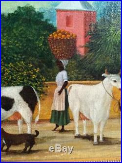 Vintage Original Robert Franke Landscape Primitive Folk Art Oil Painting Cow Dog