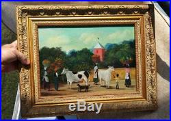 Vintage Original Robert Franke Landscape Primitive Folk Art Oil Painting Cow Dog