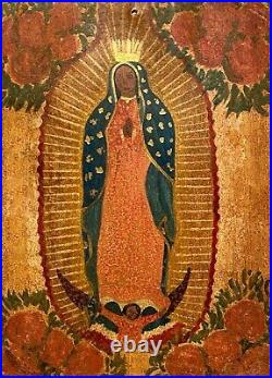 Vintage Our Lady Of Guadalupe Hand Painted Tin Retablo Mexico Latin Folk Art