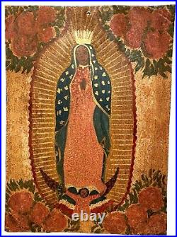 Vintage Our Lady Of Guadalupe Hand Painted Tin Retablo Mexico Latin Folk Art