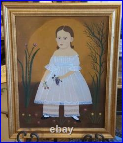 Vintage Painting Folk Art Acrylic On Board Girl & Flowers Marla Wayman Dorset VT