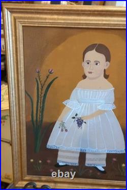 Vintage Painting Folk Art Acrylic On Board Girl & Flowers Marla Wayman Dorset VT