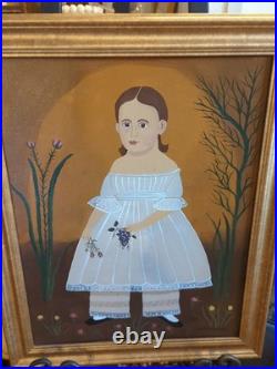 Vintage Painting Folk Art Acrylic On Board Girl & Flowers Marla Wayman Dorset VT