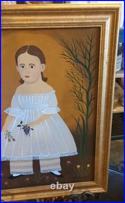 Vintage Painting Folk Art Acrylic On Board Girl & Flowers Marla Wayman Dorset VT