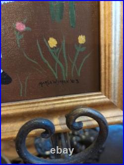 Vintage Painting Folk Art Acrylic On Board Girl & Flowers Marla Wayman Dorset VT