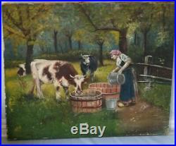 Vintage Pastoral Landscape, Folk Art, Oil Painting On Stretched Canvas Of Cows