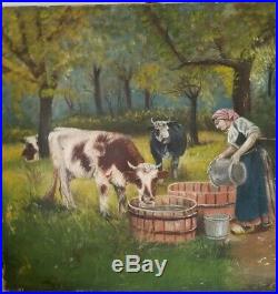 Vintage Pastoral Landscape, Folk Art, Oil Painting On Stretched Canvas Of Cows