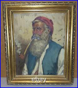 Vintage Peasant Old Man Smoking Pipe oil painting on canvas Gold frame Folk Art