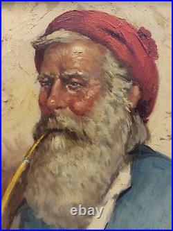 Vintage Peasant Old Man Smoking Pipe oil painting on canvas Gold frame Folk Art