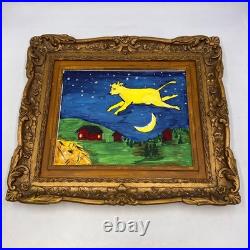 Vintage Plastic GESSO GOLD TONED FRAME With Cow Farm Moon Folk Art Painting 9x7.5