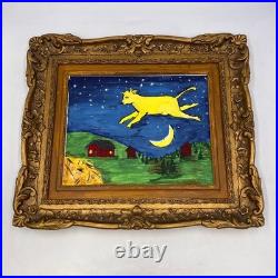 Vintage Plastic GESSO GOLD TONED FRAME With Cow Farm Moon Folk Art Painting 9x7.5