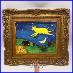 Vintage Plastic GESSO GOLD TONED FRAME With Cow Farm Moon Folk Art Painting 9x7.5