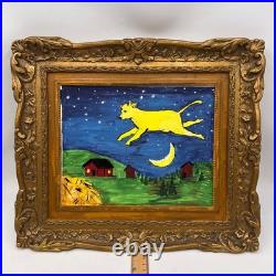 Vintage Plastic GESSO GOLD TONED FRAME With Cow Farm Moon Folk Art Painting 9x7.5