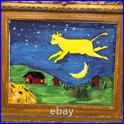 Vintage Plastic GESSO GOLD TONED FRAME With Cow Farm Moon Folk Art Painting 9x7.5
