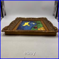 Vintage Plastic GESSO GOLD TONED FRAME With Cow Farm Moon Folk Art Painting 9x7.5