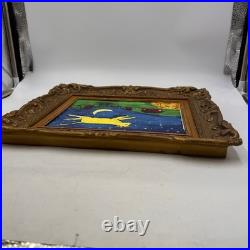 Vintage Plastic GESSO GOLD TONED FRAME With Cow Farm Moon Folk Art Painting 9x7.5