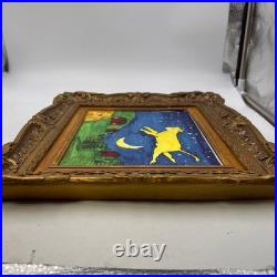 Vintage Plastic GESSO GOLD TONED FRAME With Cow Farm Moon Folk Art Painting 9x7.5