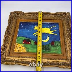 Vintage Plastic GESSO GOLD TONED FRAME With Cow Farm Moon Folk Art Painting 9x7.5