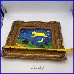 Vintage Plastic GESSO GOLD TONED FRAME With Cow Farm Moon Folk Art Painting 9x7.5