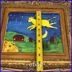 Vintage Plastic GESSO GOLD TONED FRAME With Cow Farm Moon Folk Art Painting 9x7.5