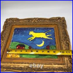 Vintage Plastic GESSO GOLD TONED FRAME With Cow Farm Moon Folk Art Painting 9x7.5