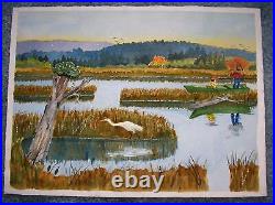 Vintage Primitive Folk Art Egret Bird Fishing Driftwood Lake Mountains Painting