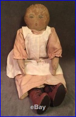 Vintage Primitive Folk Art Handmade Signed Oil Painted Face Cloth Rag Doll