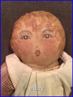 Vintage Primitive Folk Art Handmade Signed Oil Painted Face Cloth Rag Doll