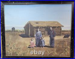 Vintage Primitive Folk Art Pioneer Family Log Cabin Farm Painting Signed F White