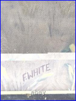 Vintage Primitive Folk Art Pioneer Family Log Cabin Farm Painting Signed F White