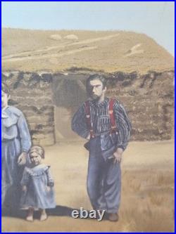 Vintage Primitive Folk Art Pioneer Family Log Cabin Farm Painting Signed F White