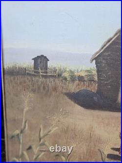 Vintage Primitive Folk Art Pioneer Family Log Cabin Farm Painting Signed F White
