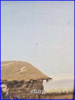 Vintage Primitive Folk Art Pioneer Family Log Cabin Farm Painting Signed F White