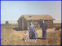 Vintage Primitive Folk Art Pioneer Family Log Cabin Farm Painting Signed F White