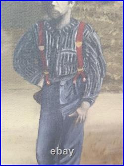 Vintage Primitive Folk Art Pioneer Family Log Cabin Farm Painting Signed F White