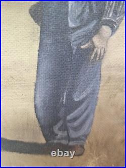 Vintage Primitive Folk Art Pioneer Family Log Cabin Farm Painting Signed F White