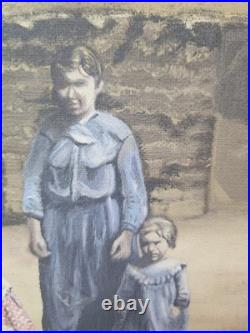 Vintage Primitive Folk Art Pioneer Family Log Cabin Farm Painting Signed F White