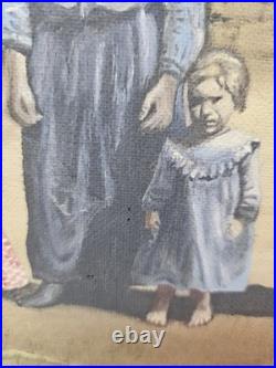 Vintage Primitive Folk Art Pioneer Family Log Cabin Farm Painting Signed F White