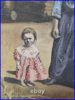 Vintage Primitive Folk Art Pioneer Family Log Cabin Farm Painting Signed F White