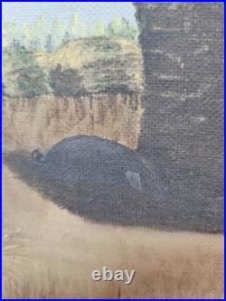 Vintage Primitive Folk Art Pioneer Family Log Cabin Farm Painting Signed F White