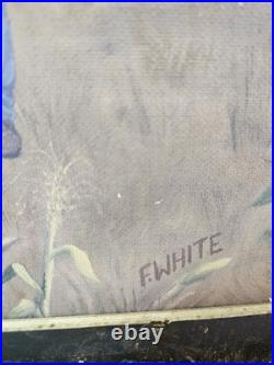 Vintage Primitive Folk Art Pioneer Family Log Cabin Farm Painting Signed F White