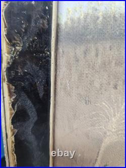 Vintage Primitive Folk Art Pioneer Family Log Cabin Farm Painting Signed F White