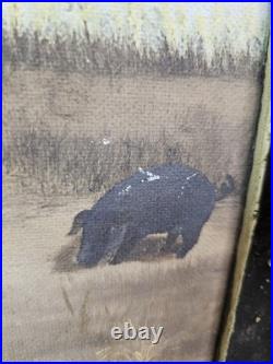 Vintage Primitive Folk Art Pioneer Family Log Cabin Farm Painting Signed F White